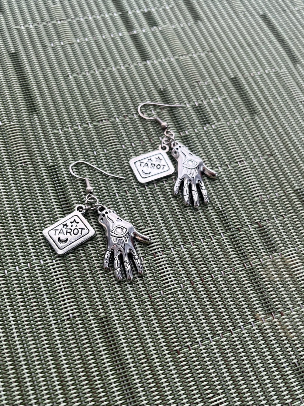 Witchy Tarot/Hand Dangle Earrings with Hook, Silver-Tone, Tarnish Resistant